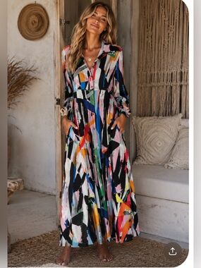 Pure Esssnce Empire Waist Maxi Dress, size M, NWT button cuff, pockets, $65